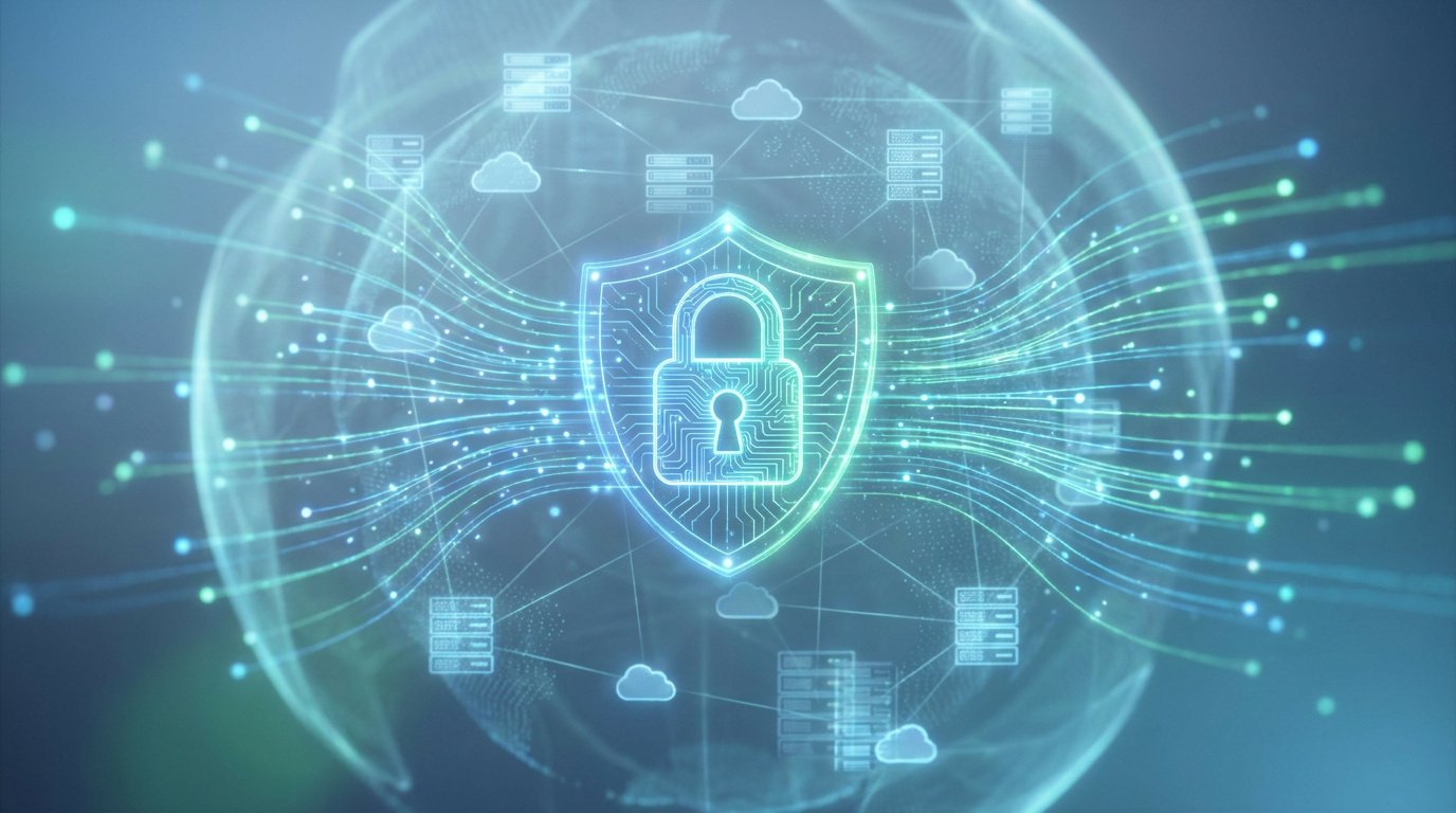 Icône de cadenas numérique sur un bouclier, entouré de flux de données et de serveurs cloud sur un globe en arrière-plan.