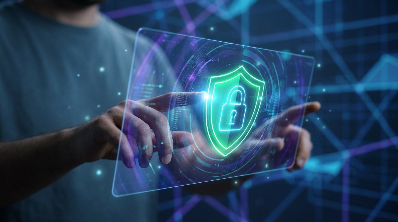 Une personne manipulant une interface numérique holographique affichant une icône de bouclier avec un cadenas.