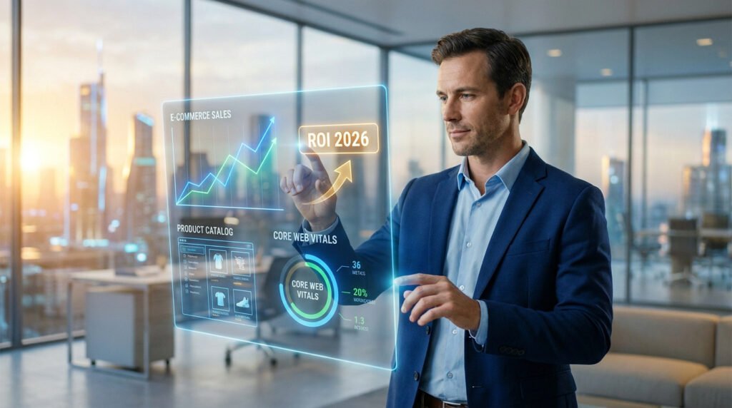Un homme d'affaires interagissant avec une interface numérique holographique affichant des données SEO e-commerce.
