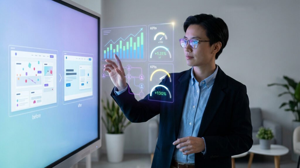 Un professionnel analysant des données UX et des graphiques de performance sur un écran interactif.