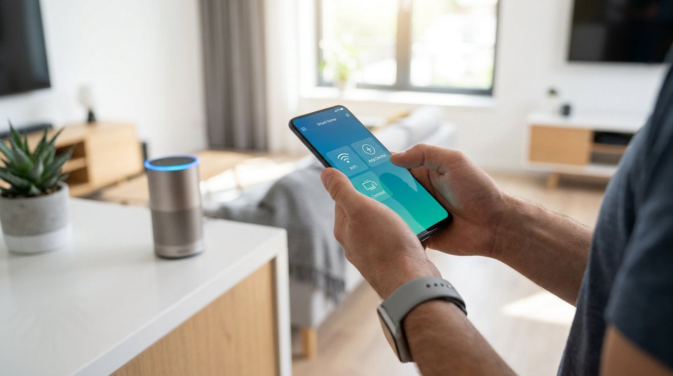 Une personne utilisant une application de maison intelligente sur son smartphone près d'une enceinte connectée.