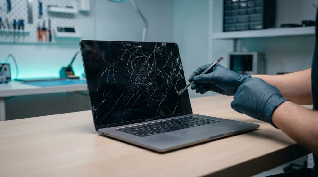 Technicien portant des gants noirs examinant un écran de MacBook Pro brisé avec un outil de précision.