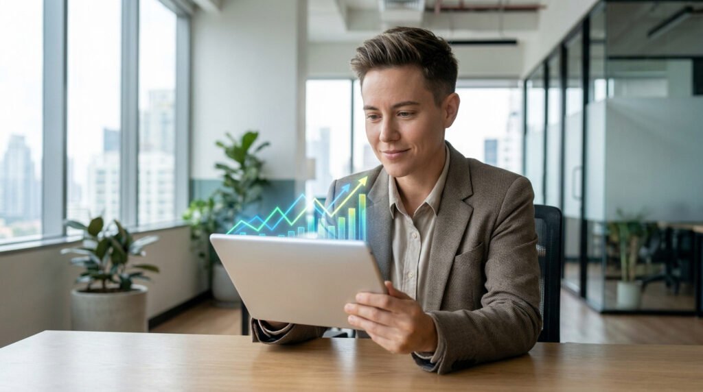 Professionnel souriant consultant un graphique de croissance numérique sur une tablette dans un bureau moderne.
