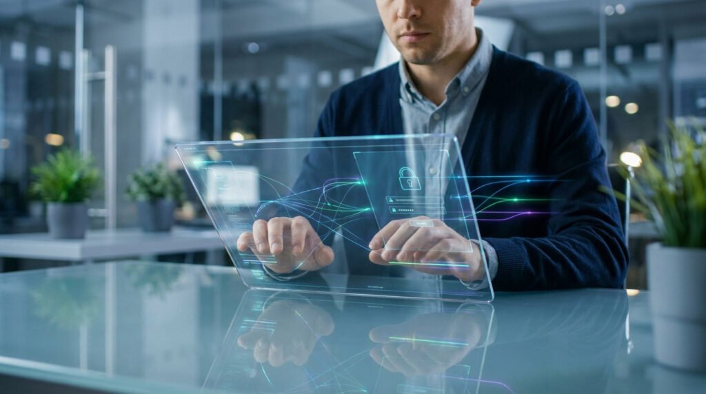 Un professionnel utilisant une interface holographique transparente pour se connecter avec une icône de cadenas numérique.