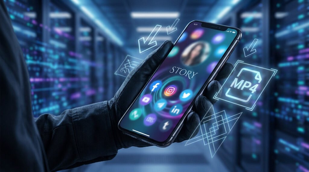 Une main gantée tenant un smartphone affichant des icônes de réseaux sociaux et le mot Story avec des graphiques MP4.