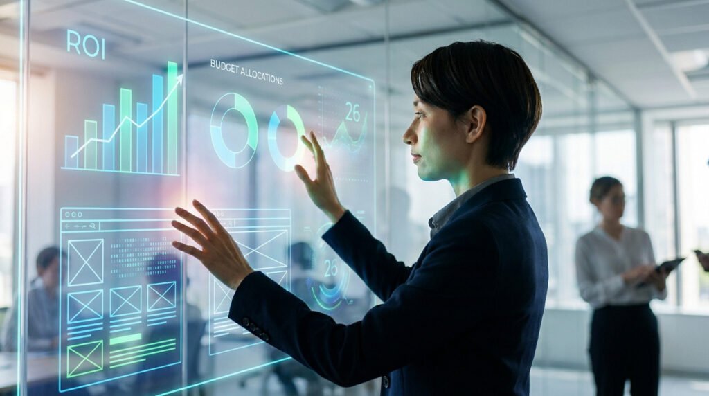 Une femme d'affaires utilisant une interface tactile futuriste affichant le retour sur investissement et le budget web.